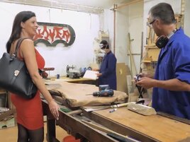 Hot MILF gets fucked by two carpenters at the workshop