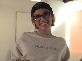 Aubrey Luna wearing glasses and giivng a blowjob