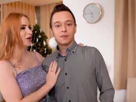 Redheaded beauty fucking Santa in front of her confused BF