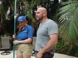 Big boobs redhead about to get screwed savagely outside