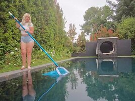 Very busty blonde cleans the pool before POV fucking