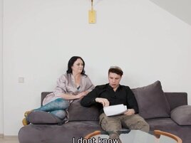 Chubby older gal gets fucked by a younger stud on a couch