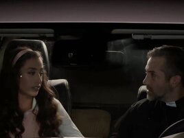 Hot babe in a mini skirt has sex in a vehicle