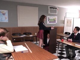 Classroom action with two hot babes and one girthy dick