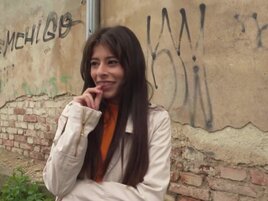 Skinny babe with a cute face is going to take his HUGE dick