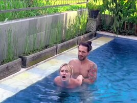 Small tits babe is going to get fucked poolside