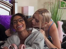 Pale blonde girl getting fucked by her friend's strap