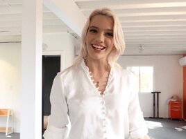 Leggy blonde with fake tits is going to take fat dick