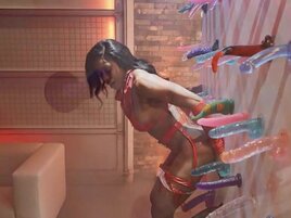 Row of dildos for a slutty ebony girl who fucks a guy later on
