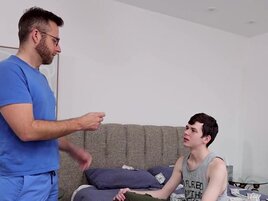 Twink spreads his legs wide open for the hairy stepfather