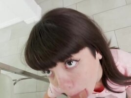 Tiny teeny whore is going to deepthroat a nice boner