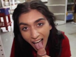 Cute brunette gets fucked between the aisles like a slut