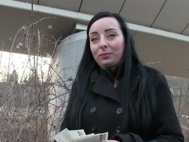 Bad brunette with a bird-like face gets to fuck in public