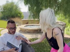 Short blonde Emma Rosie riding a tall, hung fellow