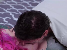 Pink-haired bitch deepthroating the DILF's penis